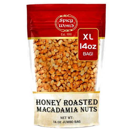 Spicy World Honey Roasted Macadamia Nuts 14oz Jumbo Bag - Premium Quality, Fresh, Gluten Free, Vegan, Delicious Snack!
