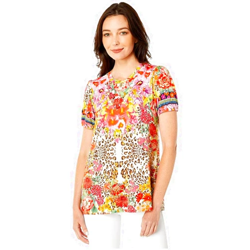 Johnny Was Wild Garden Puff Sleeve Floral Pink Flower Knit Tee Shirt Top New