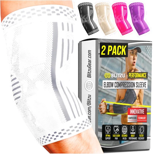 BLITZU 2 Pack Elbow Brace Support, Elbow Compression Sleeve Orthopedic Pain Relief for Golfer's, Tennis Elbow, Arthritis, Bursitis, Tendonitis Treatment, Workout, Fitness & Weightlifting. White S