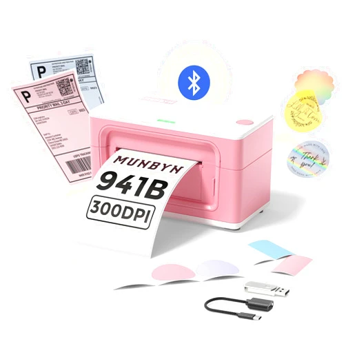 MUNBYN Bluetooth Thermal Label Printer 941B, Wireless 300DPI 4x6 Shipping Label Printer for Small Business, Compatible with Windows, Mac, iPhone, Android, PC, Ebay, Amazon, Shopify, Etsy, USPS (Pink)