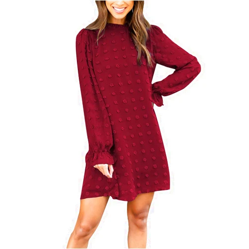 FAMITION Long Sleeve Dress for Women Swiss Dot Wedding Gust Fall Casual Flowy Chiffon Mini Dress for Women Wine Red S