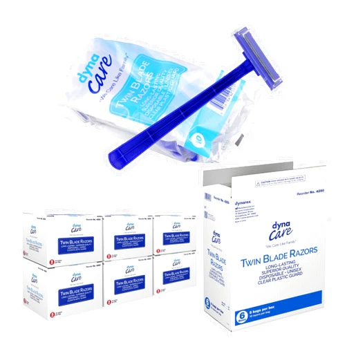 Dynarex DynaCare Twin Blade Razors, Disposable Unisex Razor with Two Blades Provides Smooth, Close Shave, for Prior to Procedures or Tattoos, Blue, 6 Boxes - 50 Razors per Box