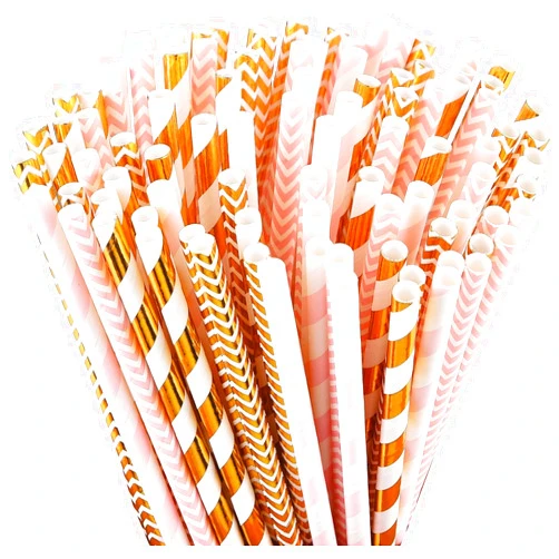 ALINK Biodegradable Paper Straws, 100 Pink Straws/Gold Straws for Party Supplies, Birthday, Wedding, Bridal/Baby Shower, Christmas Decorations and Holiday Celebrations