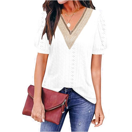 ETCYY Womens Tops Causal Puff Sleeve Summer Tops Trendy Cute Print Lace V Neck Solid Color Loose Fit Short Sleeve Shirts