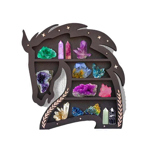 CLEIDE Wood Crystal Holder for Stones Healing Crystals Storage and Organizer, Crystal Shelf Display, Boho Shelves Essential Oil Shelf, Wooden Moon Shelf, Wiccan Decor (Color : Dark Horse)