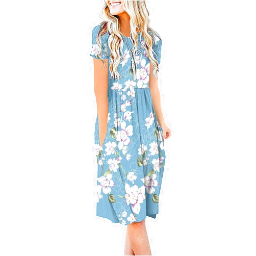DB MOON Women Summer Casual Short Sleeve Dresses Empire Waist Dress with Pockets
