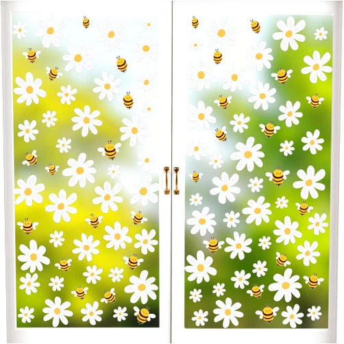 Pedel White Daisy Window Clings with Bees, 144Pcs Boho Daisy Floral Window Decals Stickers for Glass Windows for Spring Summer Home Office School Decorations