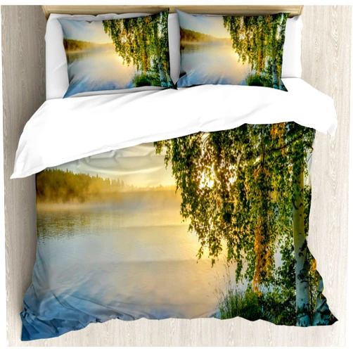 Ambesonne Nature Duvet Cover Set, Sunny Day by Misty Lake with Tree Summer Season Horizon August Landscape, Decorative 3 Piece Bedding Set with 2 Pillow Shams, King Size, Fern Green