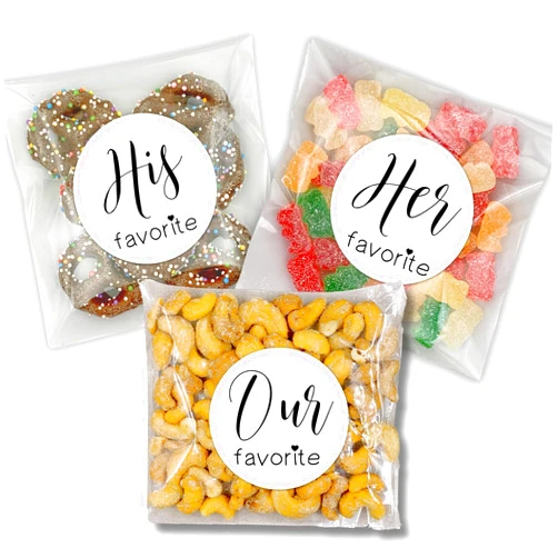 Clementine Wedding & Party Bulk Wedding Favors, Set of 20 Each His - Her - Our Favorite labels with optional clear favor bags for guest gifts, hotel welcome bag stuffers