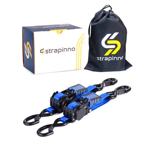 Strapinno Retractable Ratchet Straps - 1 in x 2.5 ft Heavy Duty Boat Transom Tie Down, 2PCS, 2400lbs Breaking Strength, S Hooks with Safety Clip, for Boat, Jetski, Seadoo, Waverunner, and PWCs (Blue)