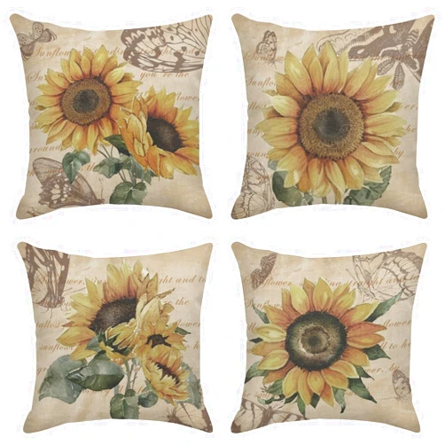 Sanwarm Throw Pillow Covers Home Decor Set of 4 Floral Sunflower Yellow Flower Green Pillow Cases Decorative 18 x 18 Inches Outdoor Cushion Couch Sofa Pillowcases