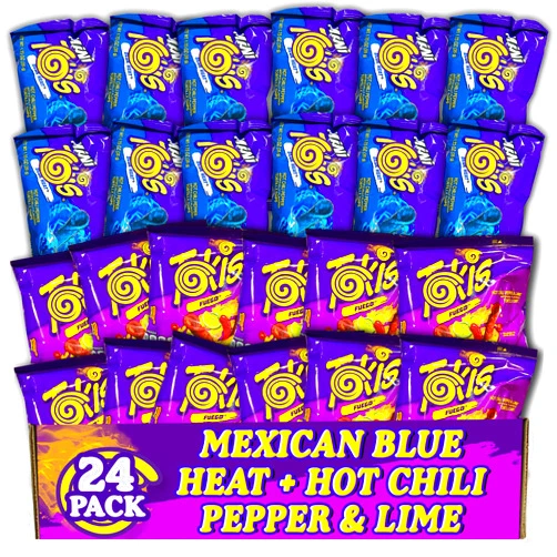 ZompoZ Taki Chips Assorted Flavors Variety Pack, 24 Count Rolled Tortilla Chips Assortment, Blue Heat and Fuego Hot Chili Pepper, Fiery, Extreme Spicy Snack Bag Bulk Mix, 1 oz Each, Original Mexican Snack Hot Chip