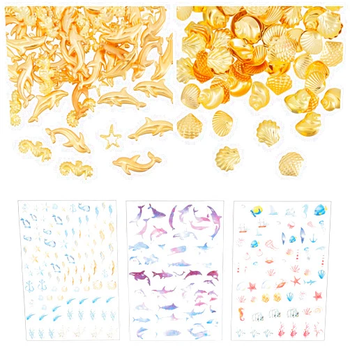 OLYCRAFT Ocean Themed 160Pc Resin Fillers - 8 Style Alloy Epoxy Supplies with Whale, Starfish, Shell & Dolphin Cabochons & 4 Sheets 3D Resin Stickers for Jewelry Making