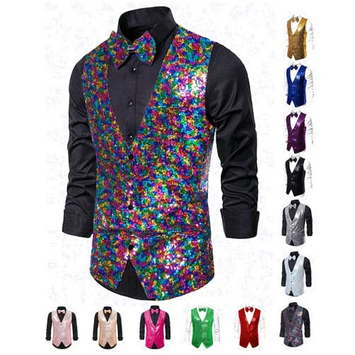 Baestappy Men's Shiny Sequins V-Neck Dress Vest with Bowtie & Brooch - Formal & Semi - Formal Prom Party Tuxedo