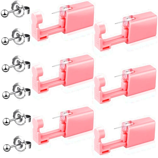 Honoson 6 Pieces Ear Piercing Gun Kit Disposable Nose Piercer Self Ear Pierce Kit with Pierced Earrings Portable Piercing Kit Household Body Piercing Tools with Studs for Men Women (Bead Style, Pink)