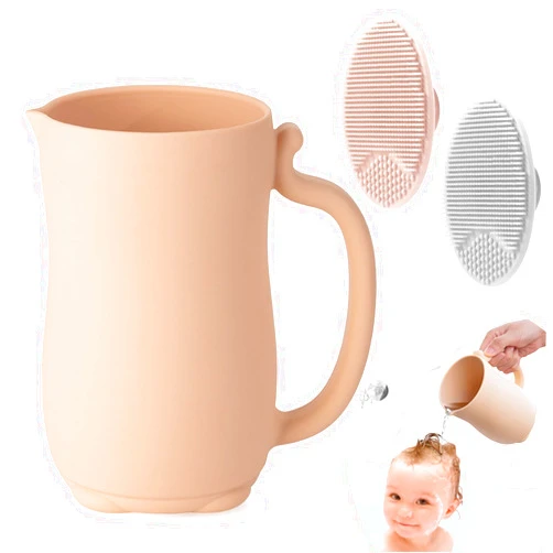 PandaEar Baby Bath Rinse Cup, Silicone Baby Shampoo Rinser with 2 Pack Cradle Cap Brush for Kids Toddler Body Washing (Pink)
