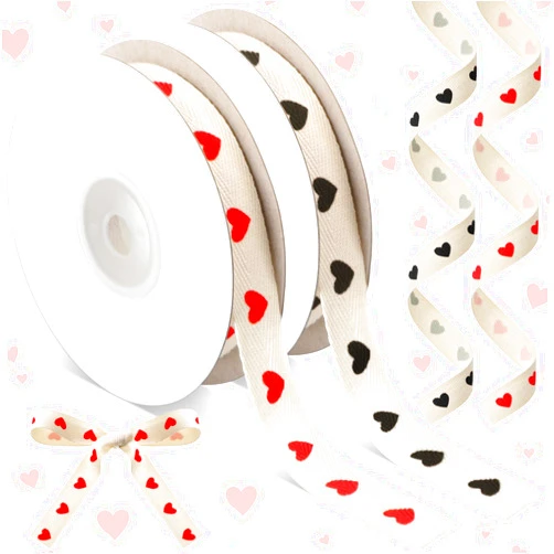Wavwavw 20 Yards Valentine's Heart Ribbon, Natural 5/8 Inch 100% Cotton Herringbone Twill Fabric Ribbon Red Valentine's Decorations for Crafts Galentines Party Gifts Wrapping, 2 Rolls
