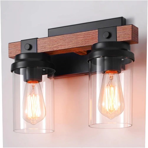 ZSMIHDOH 2 Light Farmhouse Vanity Light, Rustic Black Bathroom Light Fixtures Over Mirror with Clear Glass Shade, Wood Grain Vintage Farmhouse Wall Sconces for Bathroom, Living Room, Hallway