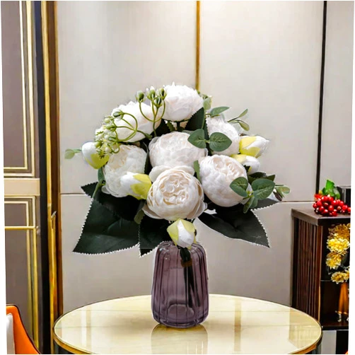 YHOTA Artificial Flower White Peony with Glass Vase, Table Centerpieces for Dining Room, Silk Flowers Living Room Bathroom Plant Decor Centerpiece Table Decorations (Gray Vase White Peony)