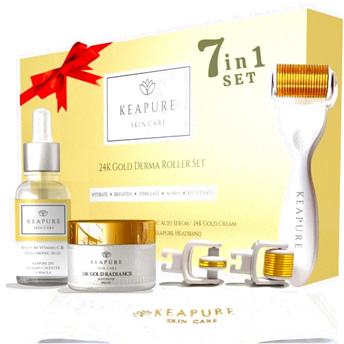 KEAPURE Derma Roller Kit for Face, Body, Stretch Marks - Skin Care Kit 540 Microneedle Roller Heads 180-Eyes, 600-Face,1200-Body | 30gm Moisturizing Cream and 25% Vitamin C Serum | Microneedling Roller Set