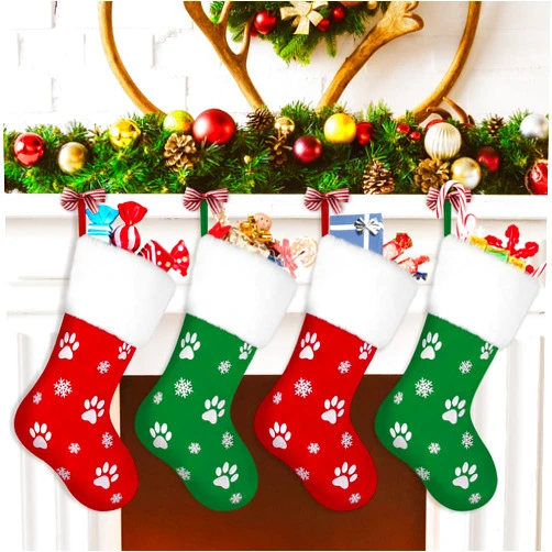 Reeooue 4-Pack Large Dog Stockings Christmas, Dog Paw and Snowflake Pattern Stocking for Christmas Decorations, Pet Hanging Decor for Xmas Party Cat Home (18x9inch, 100% Villus)