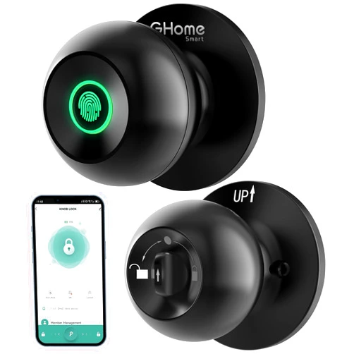 GHome Smart Fingerprint Door Lock, 3 in 1 Smart Door Knob with App Control & Key & Keyless Thumbprint Entry, Type-C Port Emergency Charging, Biometric Lock for Bedroom, Garage, Apartment, Office