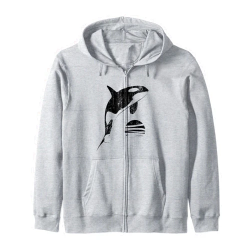 Orca Whale Lover Gifts Men Women Kids Orca Whale Jumping Sunset Retro Vintage Orca Graphic Zip Hoodie