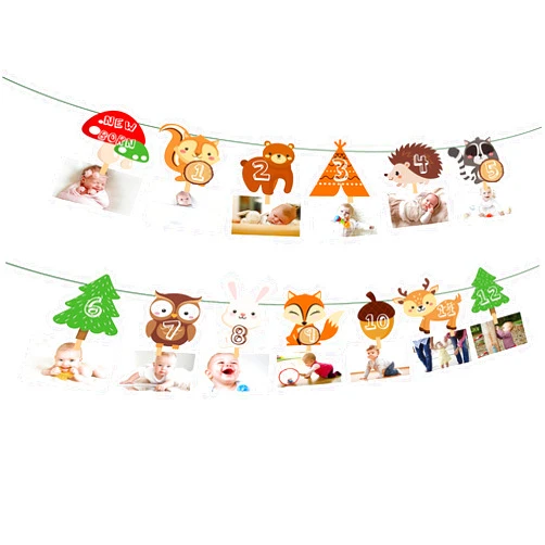 BHNACIER Woodland First Year Photo Banner Woodland Photo Banner Woodland 1st Birthday Decorations Forest Animal 12 Month Banner for Baby Wild One Monthly Photo Banner 1 to 12 Months Baby Photo Display