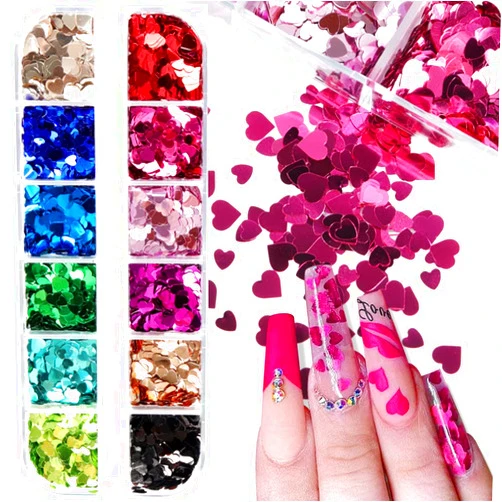 QDTK 3D Heart Nail Art Stickers Glitter Decals Holographic Heart Nail Sequins Sparkle Nail Flakes Valentine's Day Shiny Charms Design for Acrylic Nail Supplies Manicure Decorations Accessories 12 Colors
