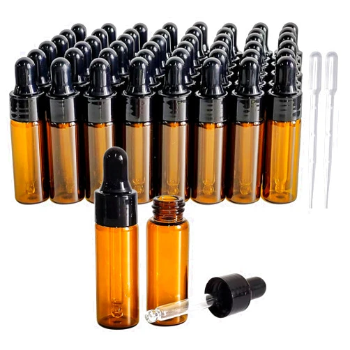 PYAWI 50Pcs 5ml Sample Dropper Bottles，Amber Glass Dropper Bottles for Essential Oils Sample Cosmetic Perfume Traveling