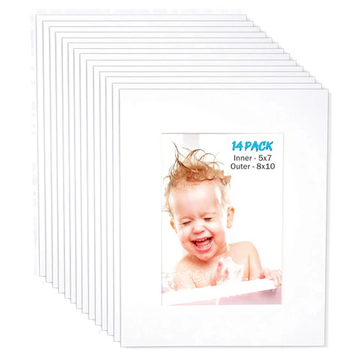 Egofine 8x10 White Picture Mats Pack of 14, Frame Mattes for 5x7 Pictures, Acid Free, 1.2mm Thickness, with Core Bevel Cut