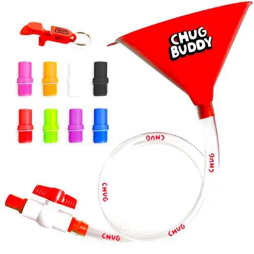 Chug Buddy Beer Bong Tube and Funnel with Valve - Kink-Free Drinking Funnel, 3ft Hose, 8 Interchangeable Mouthpieces, Shotgun Keychain Tool