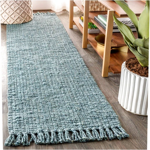 JONATHAN Y Handwoven Jute Fringe Light Blue/Gray Runner Rug, 2x8, Pata, Bohemian, Rustic, Cottage, Easy-Cleaning for Living Room, Bedroom, Kitchen, Non-Shedding (NRF103B-2)