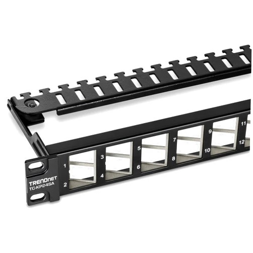 TRENDnet 24-Port Blank Angled Keystone Shielded 1U Patch Panel, TC-KP24SA, STP, Cat6A, Cat5, Cat5e, Cat6, 19” Rackmount Design, Black