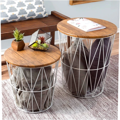 Lavish Home Set of 2 Nesting Tables with Storage - Round Living Room Tables with Metal Wire Basket and Wood Top for Home, Playroom, and Office (White)