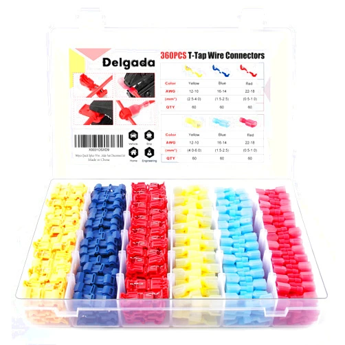 Delgada 360pcs Quick Splice Wire Connectors Kit: Electrical T Tap, Insulated Waterproof Terminals, Self-Stripping Male Disconnect with Storage Box
