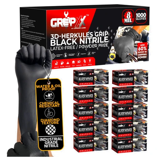 GRIPXX Herkules Grip Heavy Duty 8Mil Black Nitrile Gloves,3D Raised Diamond Texture-Latex & Powder-Free Industrial, Mechanic