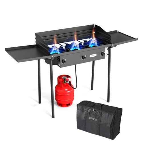 ROVSUN 3 Burner Propane Gas Stove with Side Shelf & Carrying Bag, 225,000BTU Outdoor Burner with Wind Panel & CSA Listed Regulator, Picnic Cooker for Home Patio Cooking Camping Brewing Turkey Frying