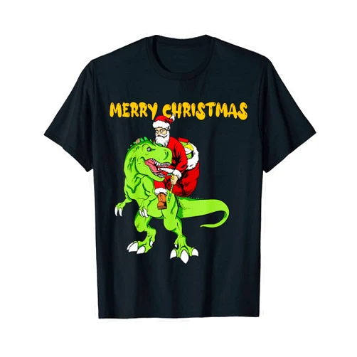 Boys Christmas Kids Xmas Funny Santa Dinosaur Trex Santa Riding T Rex Dinosaur Merry Christmas Boys T-Shirt