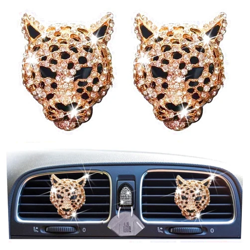 Jinshining 2PCs Golden Bling Leopard Air Freshener Vent Clip Rhinestone Car Decoration Interiors Accessory