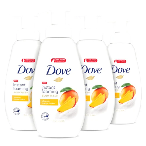 Dove Foaming Body Wash for All Skin Types Mango Butter For Glowing Skin, 13.5 Ounce (Pack of 4)
