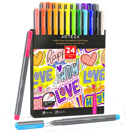 ARTEZA Felt Tip Pens, Set of 24 Basic Brush Tip Calligraphy Pens, Dye-Based Ink