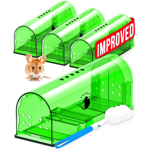 Motel Mouse Humane Mouse Traps No Kill Live Catch and Release 4 Pack - Reusable, Easy to Use & Clean, No Touch Release, Sensitive Includes Cleaning Brush, Instruction Manual & Video - Mousetrap Indoor