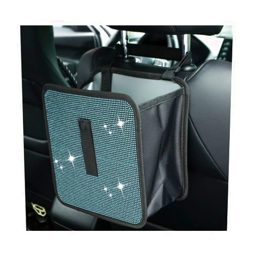 Ohleats Foldable Car Trash Can, Bling Rhinestone Oxford Auto Hanging Garbage Bag, Crystal Leakproof Foldable Waste Organizer Universal for Most Vehicles, Interior Car Accessories (Lake Blue)