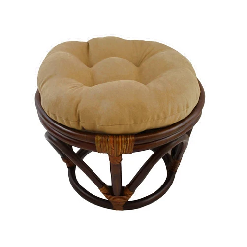 MISC 18 Inch Java Brown Papasan Foot Stool Coastal Rattan Ottoman Round Microsuede Bohemian Frame with Padded Cushion Tufted Thick Pad