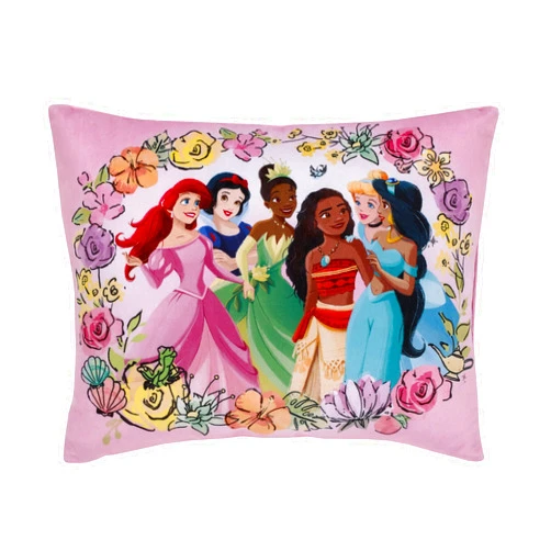 NoJo Disney Princesses Courage and Kindness Pink, Blue, Green and Yellow Ariel and Snow White, Tiana and Moana, Cinderella, and Jasmine Decorative Throw Pillow