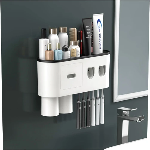 TuCao Double Automatic Toothpaste Dispensers Squeezer Kit with Toothbrush Holder Wall Mounted, Large Storage Organizer with 6 Toothbrush Slots, 2 Magnetic Cups and Cosmetic Organizer Drawer (2 Cups)