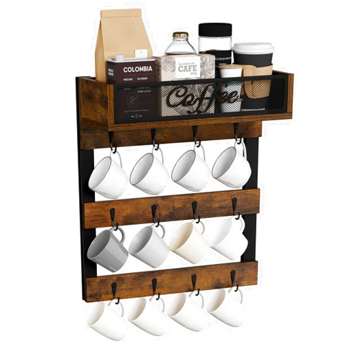 YINMIT Coffee Mug Holder Wall Mounted, 3-Tier Coffee Cup Rack with 12 Hooks, Rustic Wood Mug Organizer with Top Shelf, Coffee Bar Accessories Rack, Mug Display for Home Kitchen, Brown