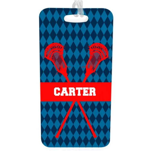ChalkTalkSPORTS Guys Lacrosse Luggage & Bag Tag | Personalized Guys Crossed Lax Sticks Pattern | Standard Lines on Back | Large | Navy/Red