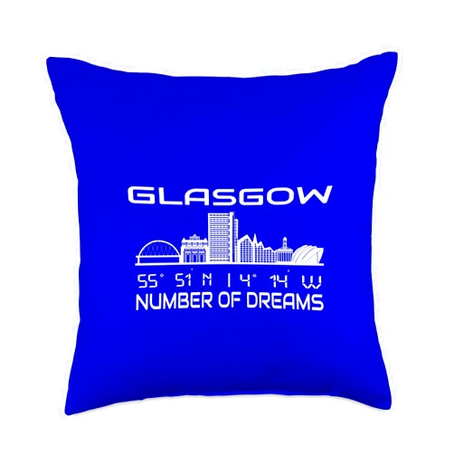 GPS Coodinates and Skyline of your Dream City Glasgow Skyline GPS Coordinates Silhouette Scotland Holiday Throw Pillow, 18x18, Multicolor